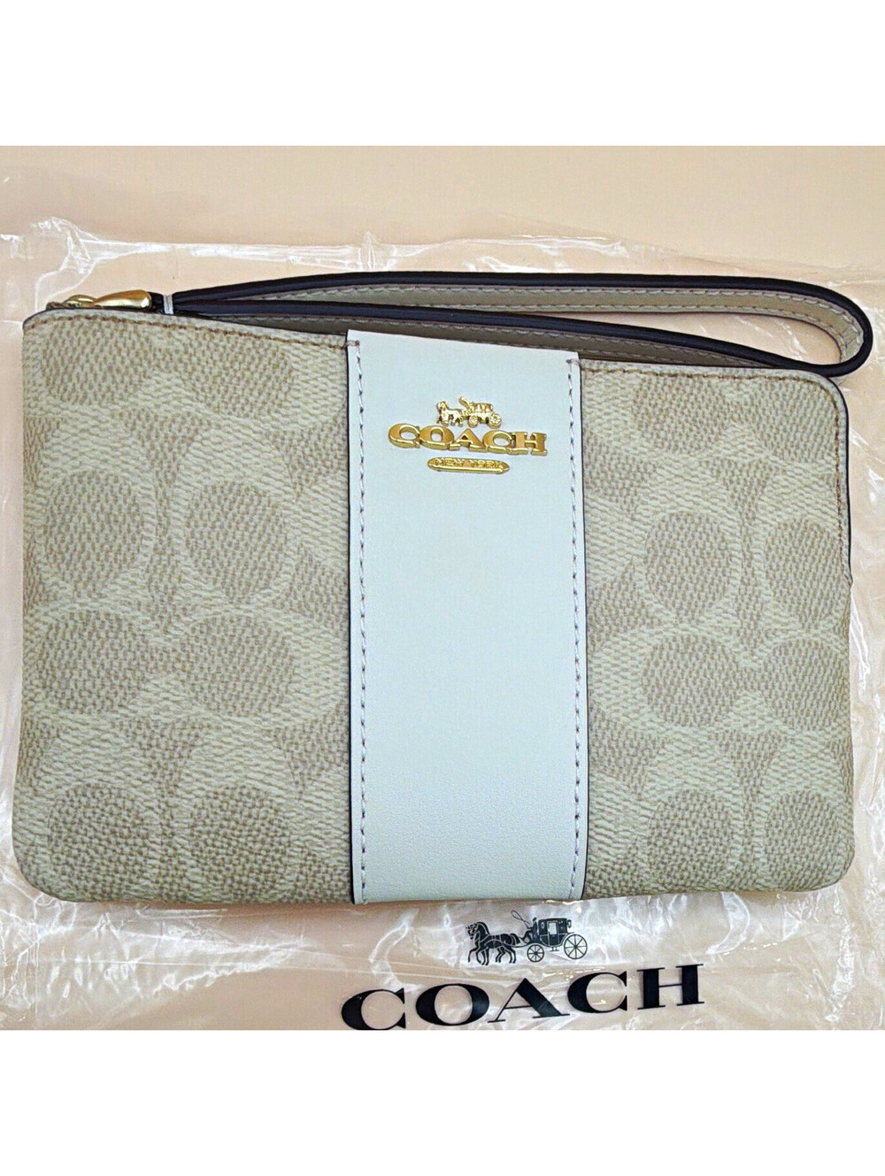 Coach Zip Wristlet Wallet Signature Logo Beige White Zipper Wrist Strap Women